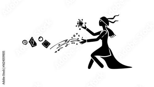 Silhouette of a fortune teller woman casting a magic spell, isolated on white background vector illustration of a witch with cards and mystical powers