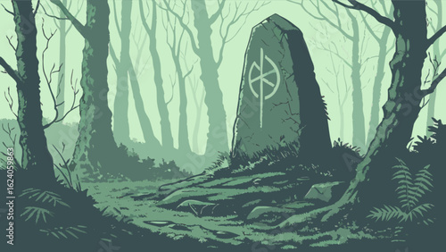 A mysterious stone monolith with a rune symbol in a dark forest vector illustration of an ancient pagan landmark in a retro pixel art style
