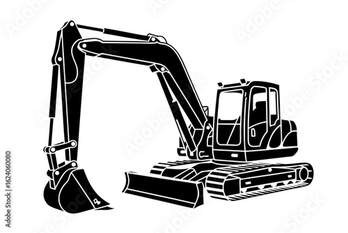 Mini excavator vector illustration for construction projects, digging, landscaping, and industrial graphic designs in black and white simplicity.