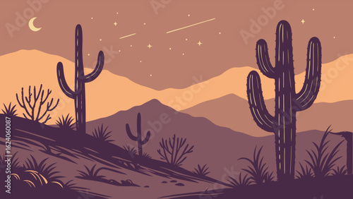 A captivating desert landscape at dusk, showcasing majestic cacti, rolling mountains, and a serene sky with a crescent moon and twinkling stars