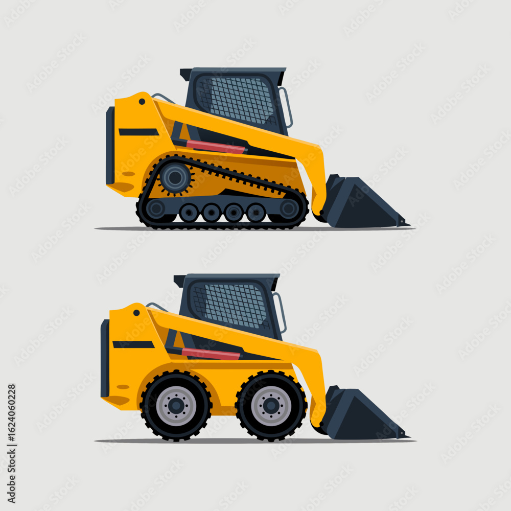 Fototapeta premium Mini excavator vector illustration with two yellow skid steer loaders is perfect for construction industry design projects and building site visuals.
