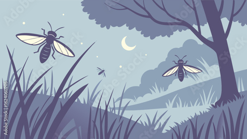 Illustration of fireflies flying in the night with a moon and trees, isolated on white background the fireflies are glowing and the scene is peaceful