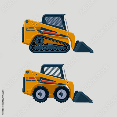 Mini excavator vector illustration with two yellow skid steer loaders is perfect for construction industry design projects and building site visuals.
