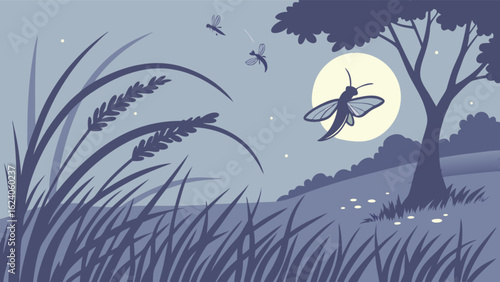 Illustration of fireflies flying in the night with a full moon and trees, isolated on white background the fireflies are glowing and the scene is peaceful