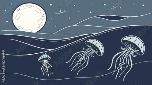 Illustration of jellyfish swimming in the ocean at night under the moonlight, creating a serene and mysterious atmosphere in a deep blue sea