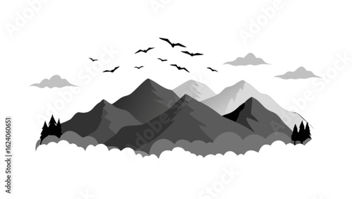 Black and white illustration of a mountain range with birds flying above, isolated on white background, creating a minimalist and scenic landscape