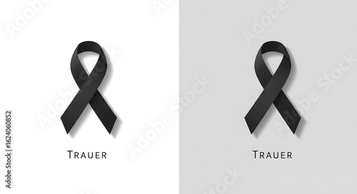 Two versions of a black mourning ribbon, one on a white and one on a gray background, with the German word 