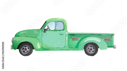 Watercolor illustration of a vintage green pickup truck isolated on white background, showcasing a classic and rustic design with artistic handpainted details