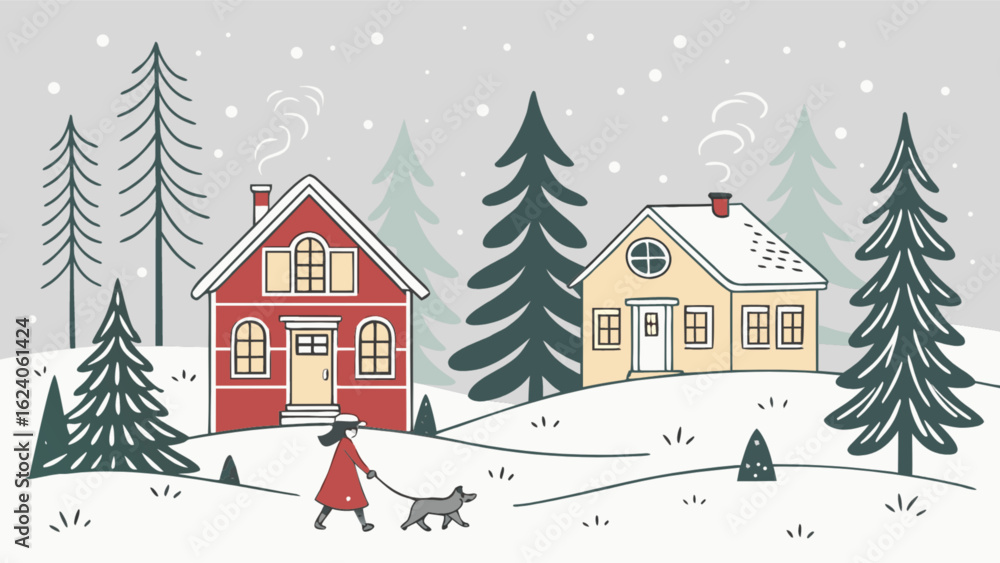 Fototapeta premium Winter landscape illustration with houses, snowcovered trees, and a person walking a dog, capturing the essence of a cozy christmas scene and holiday season