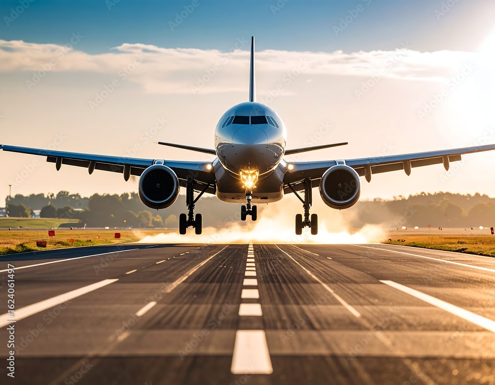 Naklejka premium Airplane landing at sunset (18)
