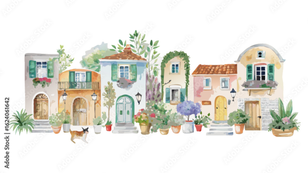 Obraz premium Watercolor painting of a quaint european town street with charming houses, lush greenery, and a playful cat, evoking a sense of warmth and nostalgia isolated on white background
