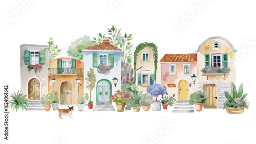 Watercolor painting of a quaint european town street with charming houses, lush greenery, and a playful cat, evoking a sense of warmth and nostalgia isolated on white background