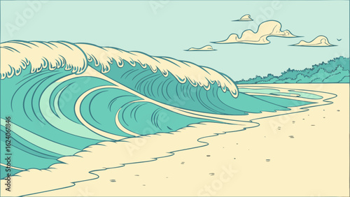 Vintage style illustration of a large wave on a sandy beach with a serene seascape, perfect for summer vacation and tropical travel designs