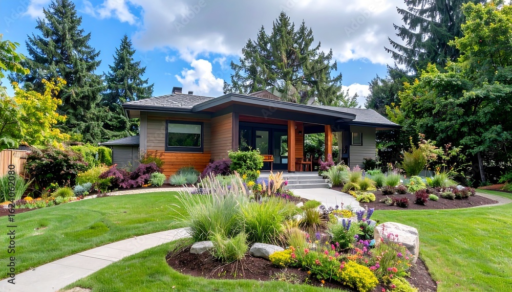 Fototapeta premium Dream Home: Modern House with Lush Landscaping