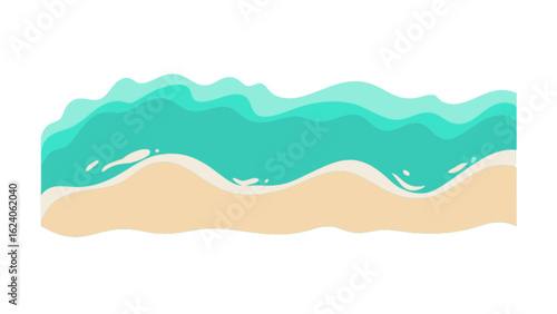 A cartoon illustration of a beach with turquoise water and tan sand, isolated on white background, perfect for summer vacation and travel themes