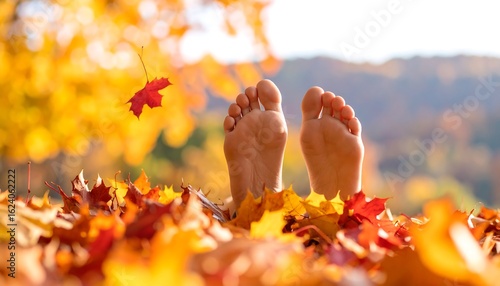 Bare feet nestled in autumn leaves
