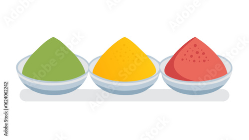 Three bowls filled with colorful powder pigments, representing a vibrant spectrum of hues and ingredients for cooking, isolated on white background