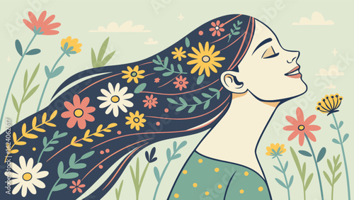 A serene woman with flowers in her flowing hair enjoys the peacefulness of spring in a whimsical, natureinspired illustration with a light and airy feel