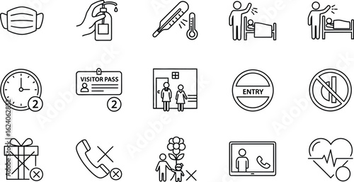 Collection of healthcare and safety icons, representing measures for disease prevention, patient care, and restricted access in medical facilities