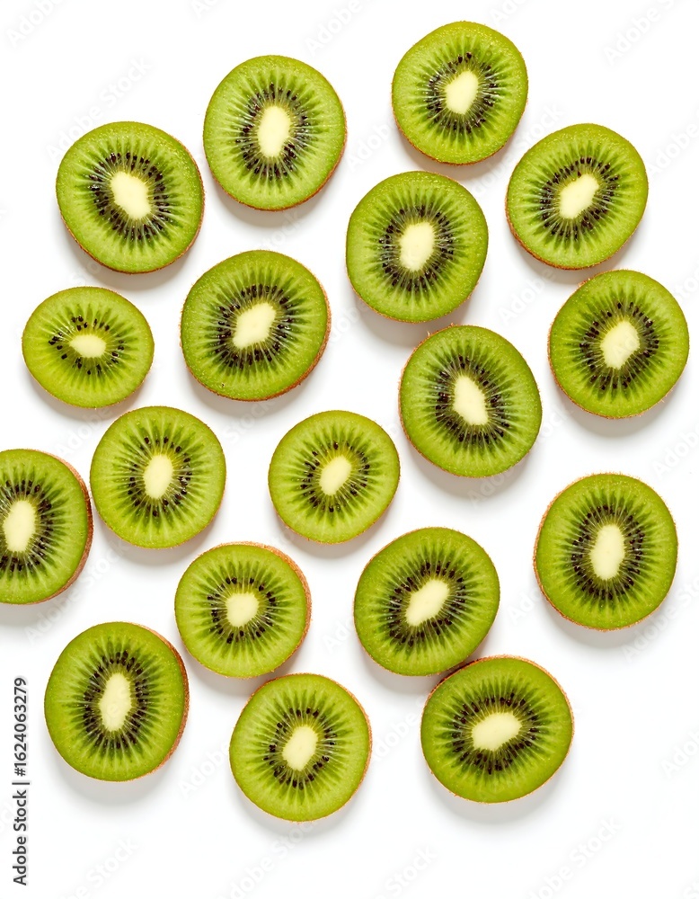 Fototapeta premium An overhead shot of numerous round kiwi slices arranged on a white background