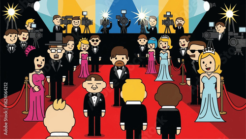 Cartoon illustration of celebrities and paparazzi on a glamorous red carpet at a movie premiere or awards show.