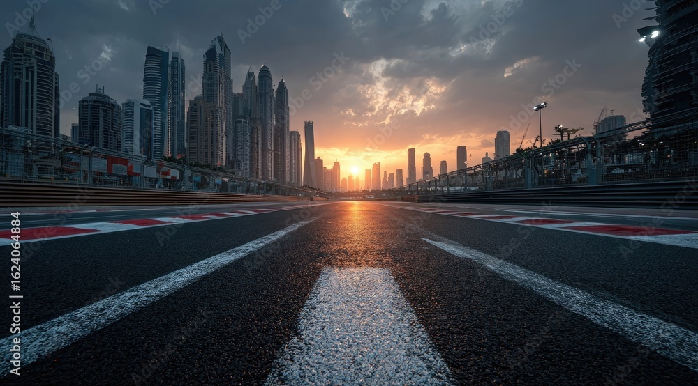 Fototapeta premium Sunset over a city skyline viewed from a racetrack's starting line