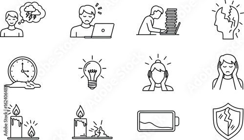 Line art depicting burnout and stress, featuring icons of a person with a storm cloud, a person working a computer, a person with a stack of books, and a head with a brain