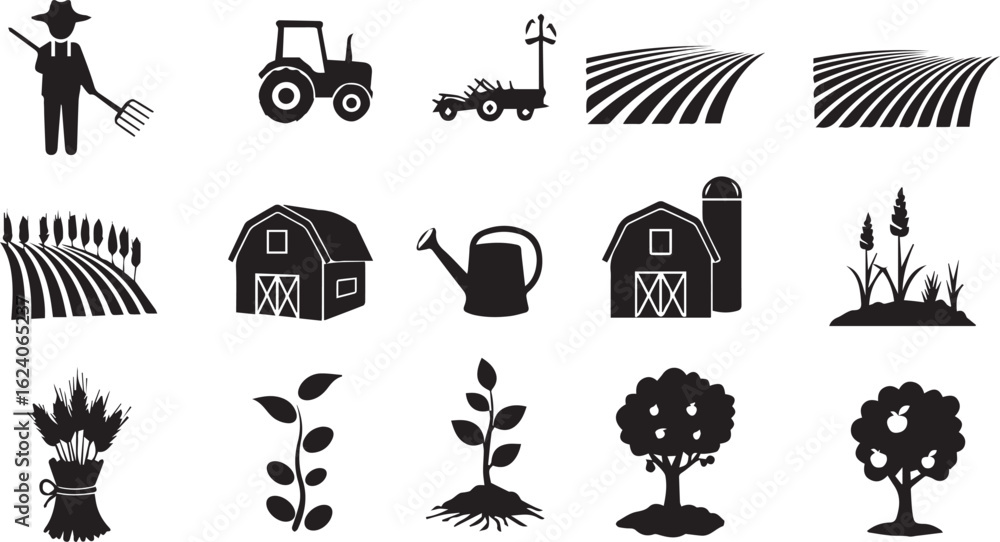 Naklejka premium Agriculture, farming silhouette icon set. harvest, plant symbols collection.