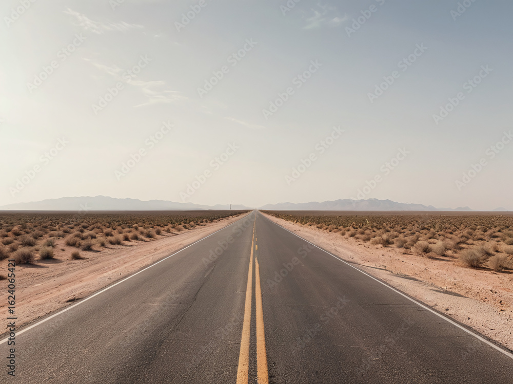 Naklejka premium Endless asphalt road stretching through a vast desert landscape to the horizon