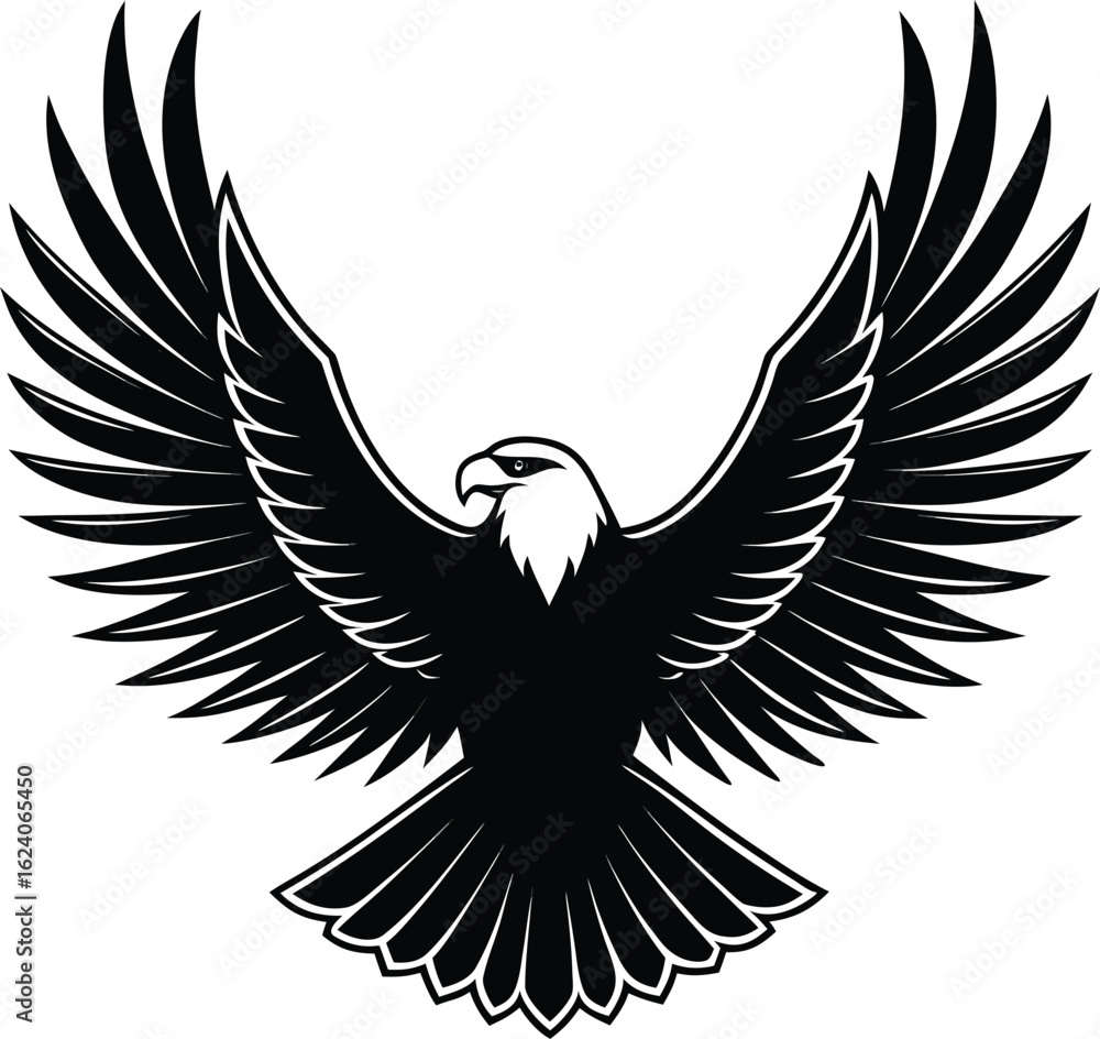 Fototapeta premium Black eagle with outstretched wings and detailed feathers in a stylized graphic design bird spread wings 1