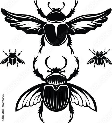 Black Scarab Beetles With Wings Open And Closed On White Background insect black and white 1
