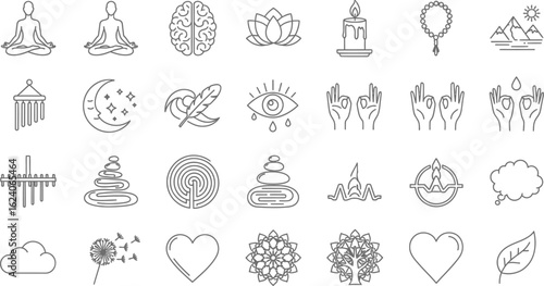Spiritual and wellness icons, representing yoga, meditation, mindfulness, and inner peace in a clean and minimalist design, perfect for promoting holistic wellbeing