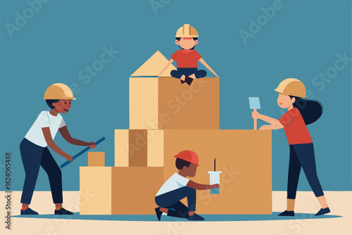 children building a cardboard fort with tools and .eps