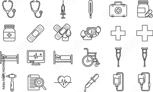 Medical equipment and supplies icons, depicting various tools and items used in healthcare, diagnosis, treatment, and emergency situations
