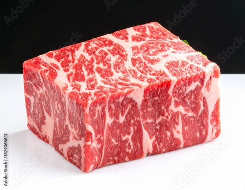 Close Up Exquisite Raw Cube Shape Marbled Wagyu Beef Cuisine