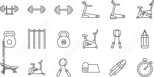 Line art icons of gym and fitness equipment perfect for workout, training, and healthy lifestyle designs
