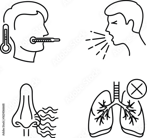 Line art icons showing common symptoms of respiratory illnesses such as fever, cough, runny nose, and lung problems
