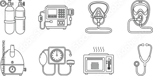 Line art illustration of various medical equipment, including oxygen tanks, ventilator, mask, nebulizer, sphygmomanometer, sterilizer, and stethoscope