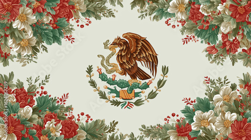 Mexican floral flag art print vintage style national symbol design