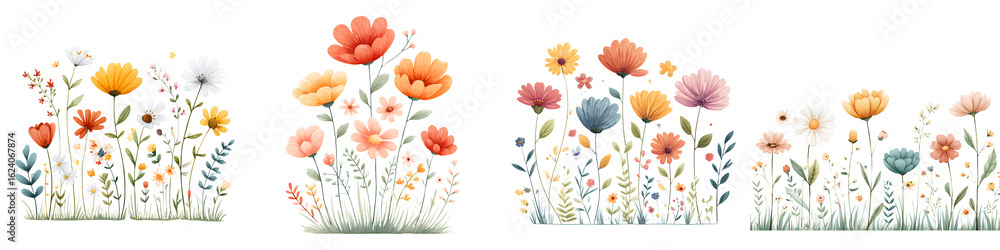 Naklejka premium Watercolor Wildflower Border Collection on White Background