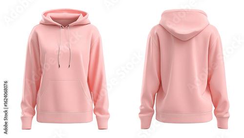 Front and back view of a light pink hoodie.  Simple design with a drawstring hood and a single pocket