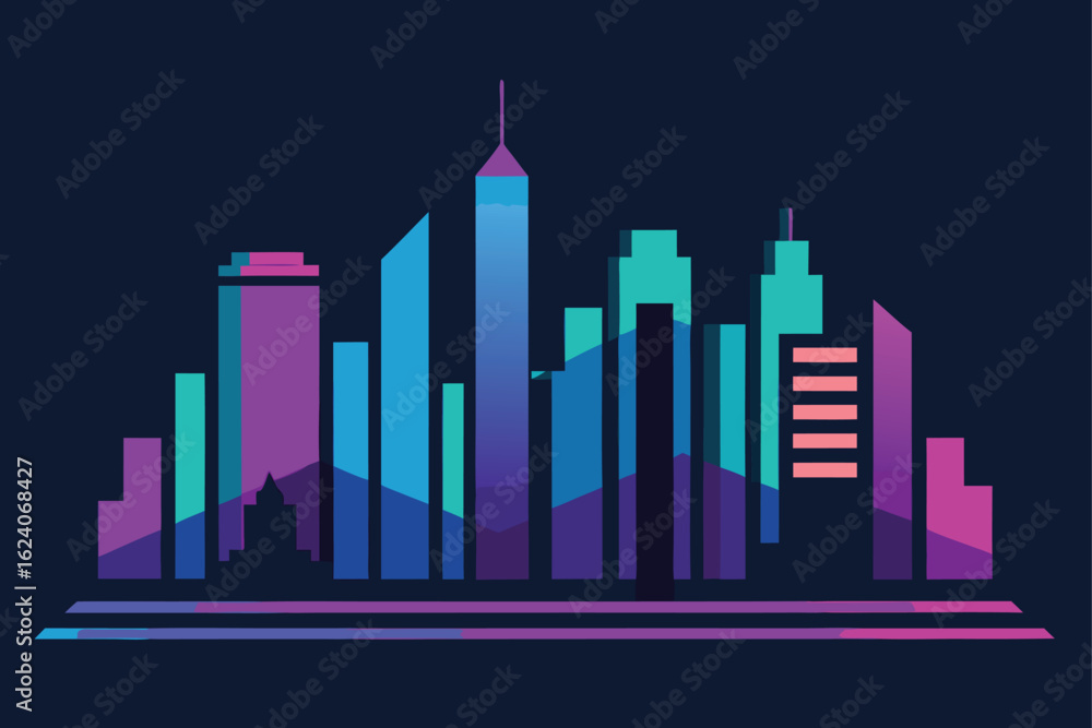Obraz premium city-skyline-in-neon-blue-and-violet-theme-- (1).eps