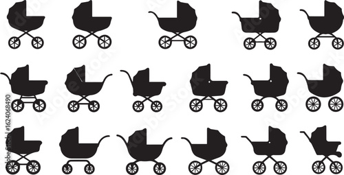 Baby stroller silhouette 5 icon set. pram, buggy symbols black collection.