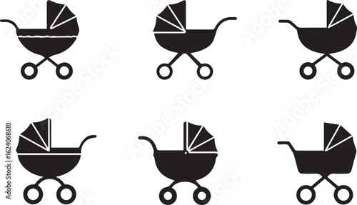 Baby stroller silhouette 5 icon set. pram, buggy symbols black collection.