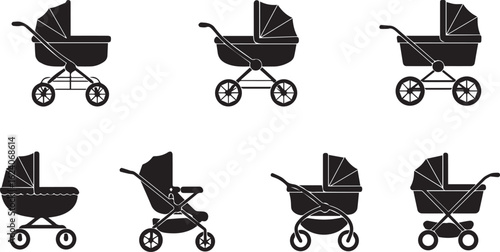 Baby stroller silhouette 5 icon set. pram, buggy symbols black collection.