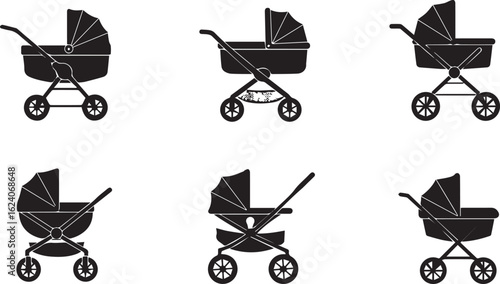 Baby stroller silhouette 5 icon set. pram, buggy symbols black collection.
