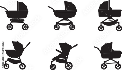 Baby stroller silhouette 5 icon set. pram, buggy symbols black collection.