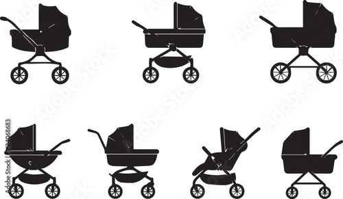 Baby stroller silhouette 5 icon set. pram, buggy symbols black collection.
