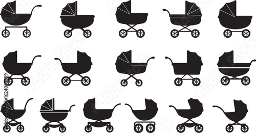 Baby stroller silhouette 5 icon set. pram, buggy symbols black collection.