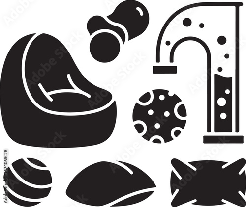 Black vector icons of beanbag chair striped ball polka dot ball and lab equipment
